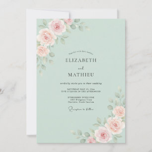 Mint Peach Ranunculus Eucalyptus Wedding Invitation