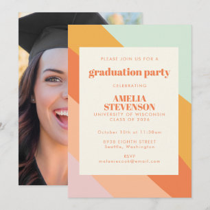 Mint Peach Retro Stripes Photo Graduation Party Invitation