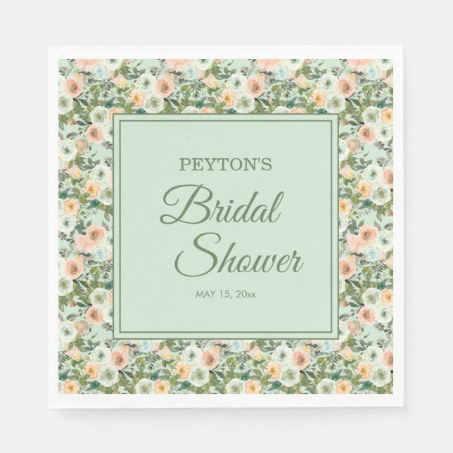 Mint Peach Watercolor Floral Bridal Shower Napkin (Front)