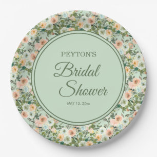 Mint Peach Watercolor Floral Bridal Shower Paper Plate