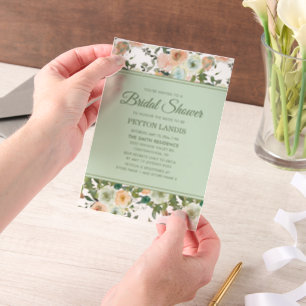 Mint Peach Watercolor Floral Vellum Bridal Shower Vellum Invitations