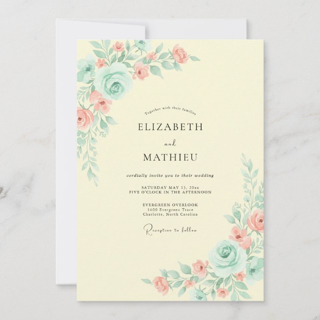 Mint Peach Watercolor Floral Wedding Invitation (Front)