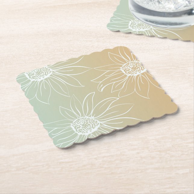 Mint Peach White Daisies Floral Paper Coaster (Angled)