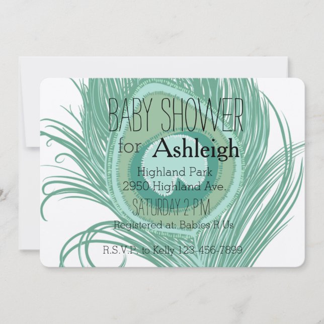 Mint Peacock Feather baby shower Invitation (Front)