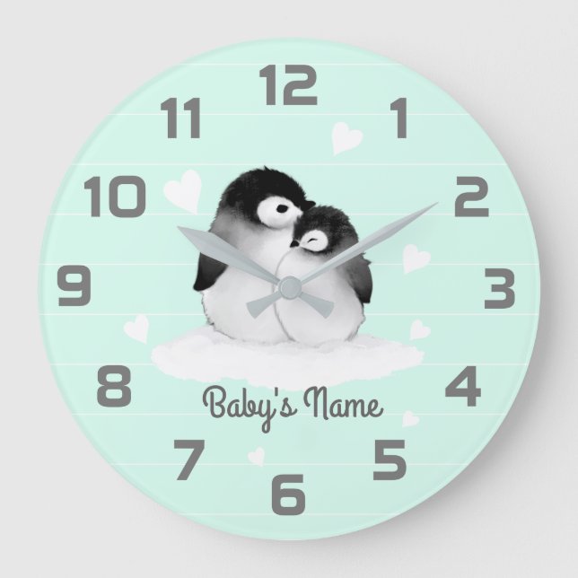 Mint Penguins Heart Nursery Decor Wall Clock (Front)