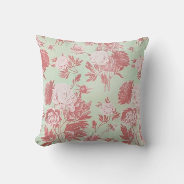 Mint Peony Vintage Flowers Throw Pillow (Front)