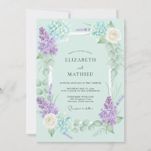 Mint Periwinkle Hydrangea Eucalyptus Wedding Invitation