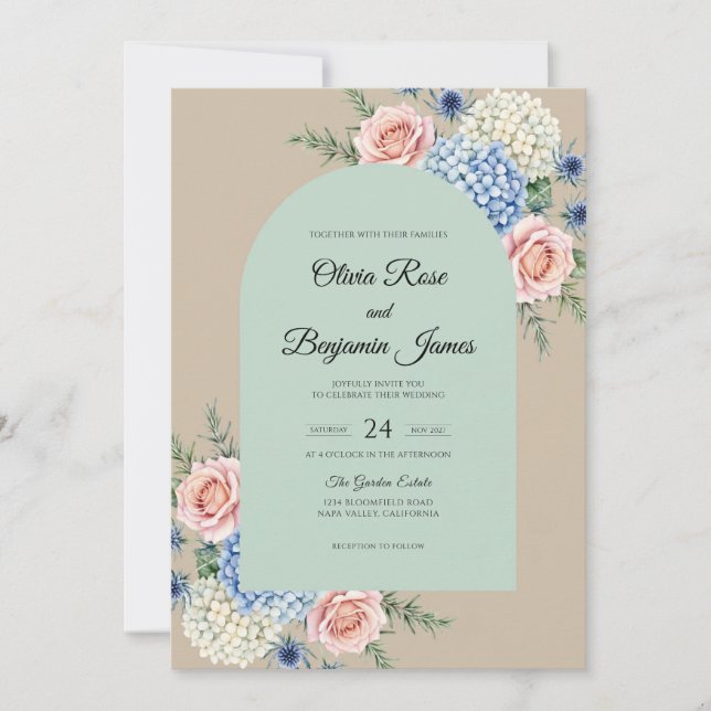 Mint Periwinkle Hydrangea Soft Eucalyptus Wedding Invitation (Front)