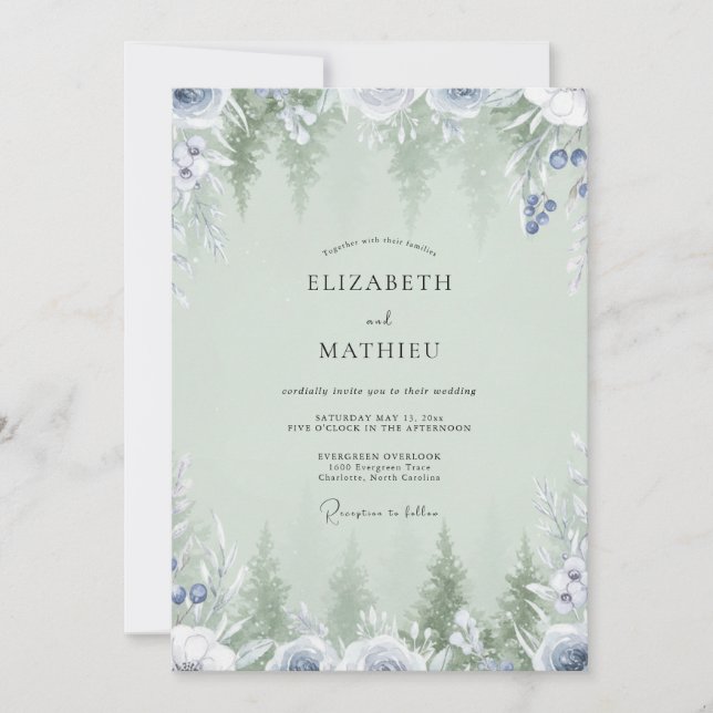 Mint Periwinkle Pine Eucalyptus Wedding Invitation (Front)