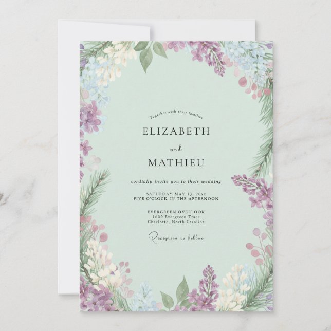 Mint Periwinkle Wisteria Wedding Invitation (Front)
