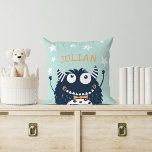 Mint | Personalised Monster Cushion<br><div class="desc">Cool personalised throw pillow for your little monster's room features their name in vibrant orange lettering on a mint green background decorated with white stars and a cute smiling monster wearing a dapper bow tie.</div>