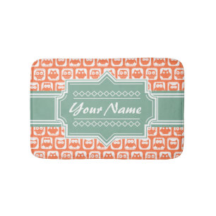 Mint Personalised Name Orange Owls Bath Mat