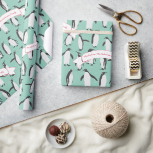 Mint Personalised Penguin Pattern Wrapping Paper