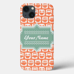 Mint Personalized Name Orange Owls iPhone 13 Case