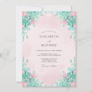 Mint Petal Pink Blossom Wedding Invitation