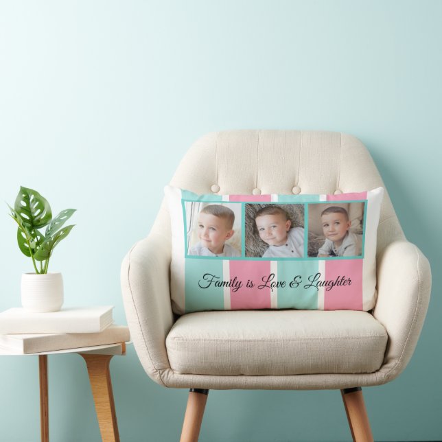 Mint pink and white photo collage family striped lumbar cushion (Chair)