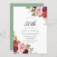Mint Pink Blush Floral 50th Birthday Party Invite