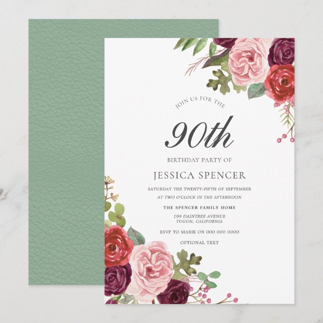 Mint Pink Blush Floral 90th Birthday Party Invite (Front/Back)