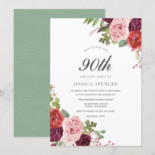 Mint Pink Blush Floral 90th Birthday Party Invite