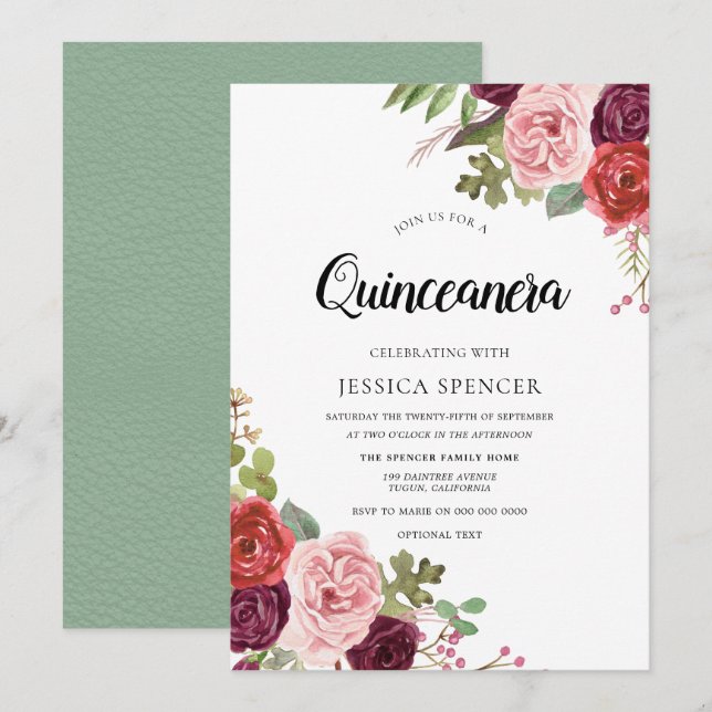 Mint & Pink Blush Floral Quinceanera Invitation (Front/Back)