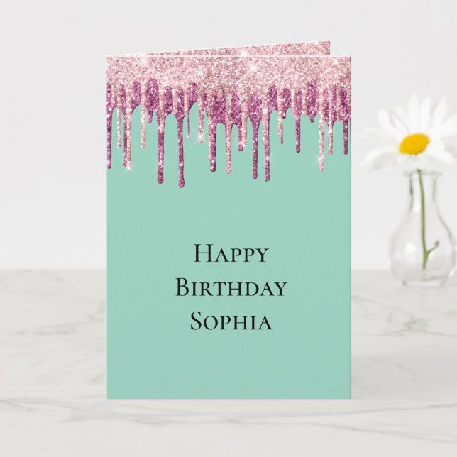 Mint Pink Blush Ice Cream Glitter Drips Birthday Card (Small Plant)