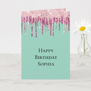 Mint Pink Blush Ice Cream Glitter Drips Birthday Card