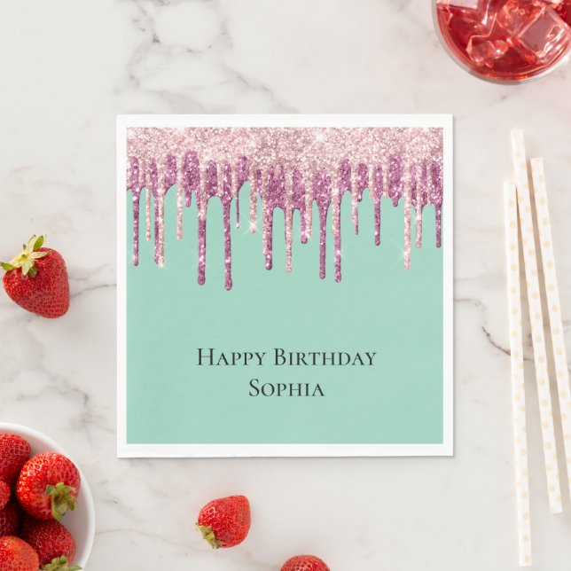 Mint Pink Blush Ice Cream Glitter Drips Birthday Napkin (Insitu)