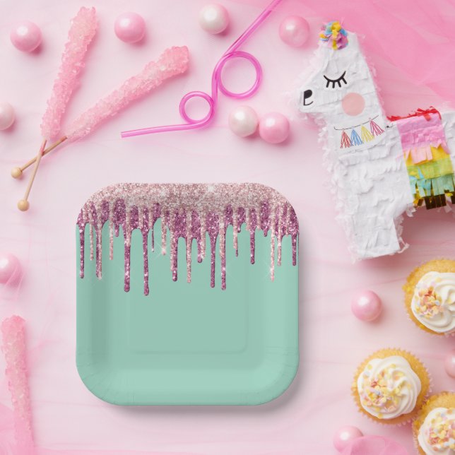 Mint Pink Blush Ice Cream Glitter Drips Birthday Paper Plate (Party)