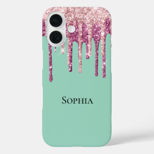 Mint Pink Blush Ice Cream Glitter Drips  iPhone 16 Case