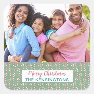 Mint Pink Christmas Candy Cane Holiday Photo Square Sticker