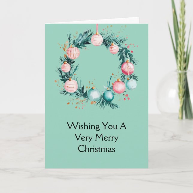 Mint Pink Christmas Ornaments Wreath Card (Front)