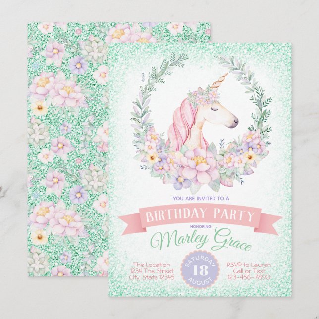 Mint Pink Cute Unicorn Birthday Party Invitations (Front/Back)