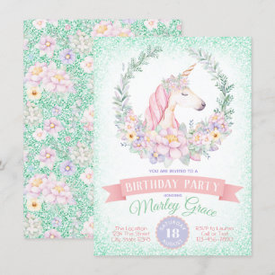 Mint Pink Cute Unicorn Birthday Party Invitations