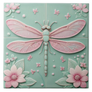 Mint & Pink Dragonfly and Flowers Girly Floral Tile
