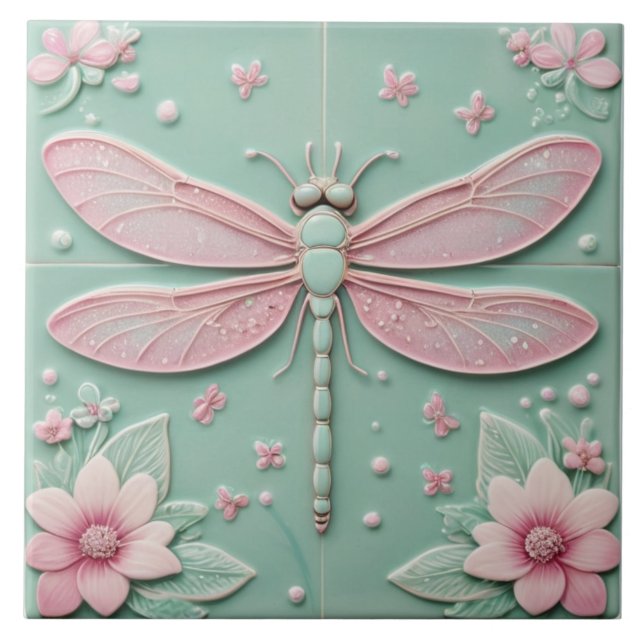 Mint & Pink Dragonfly and Flowers Girly Floral Tile (Front)