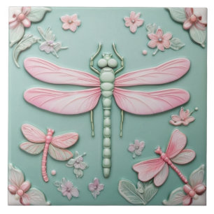 Mint & Pink Dragonfly and Flowers Girly Floral Tile