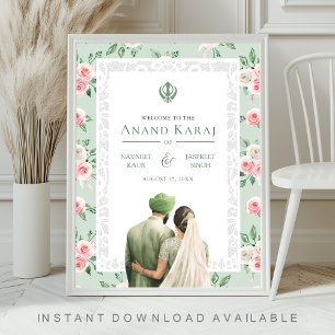 Mint Pink Floral Anand Karaj Wedding Welcome Sign