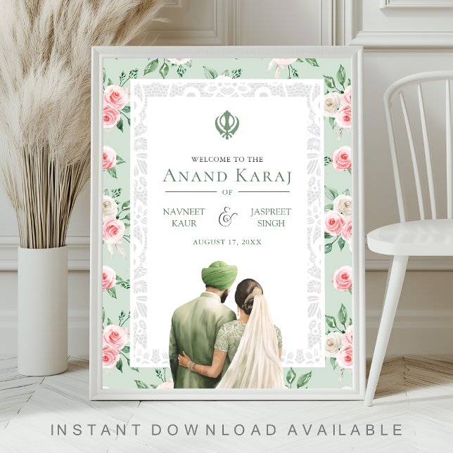 Mint Pink Floral Anand Karaj Wedding Welcome Sign (Creator Uploaded)