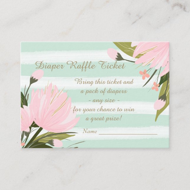Mint Pink Floral Baby Shower Diaper Raffle Ticket Enclosure Card (Front)