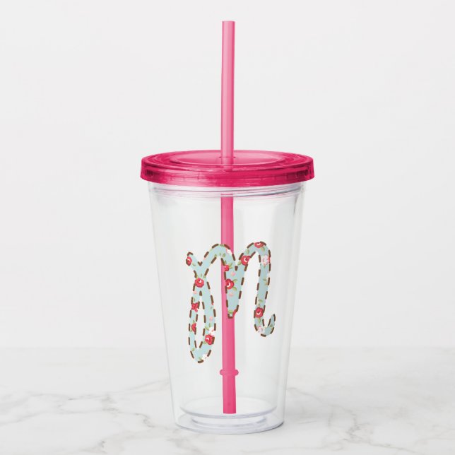 Mint Pink Floral Letter M   Acrylic Tumbler (Front)