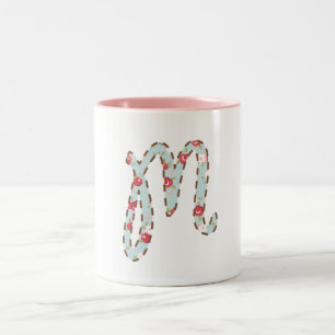 Mint Pink Floral Letter M   Two-Tone Coffee Mug