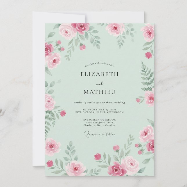 Mint Pink Floral Wedding Invitation (Front)
