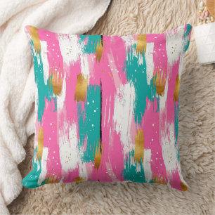 Mint Pink Gold Abstract Brushstroke Pattern Cushion