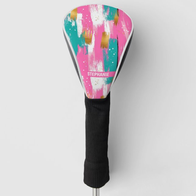 Mint Pink Gold Abstract Brushstroke Pattern Golf Head Cover (Front)