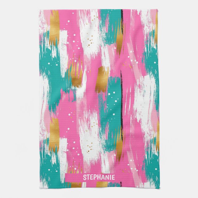 Mint Pink Gold Abstract Brushstroke Pattern Tea Towel (Vertical)