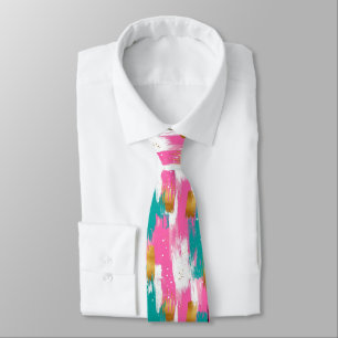 Mint Pink Gold Abstract Brushstroke Pattern Tie