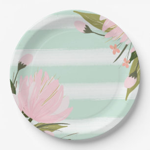 Mint Pink Gold Floral Baby Shower Paper Plates