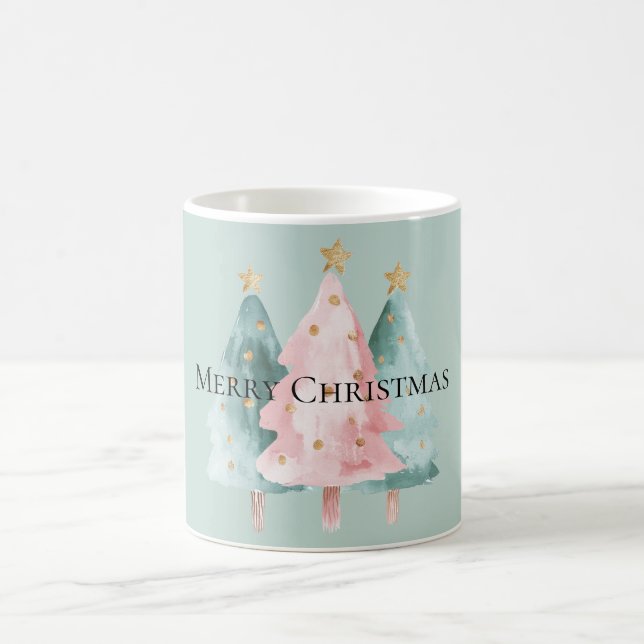Mint Pink Green Christmas Trees Gold Stars Coffee Mug (Center)