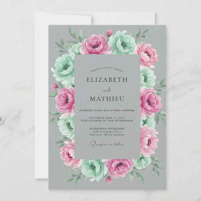 Mint Pink Grey Botanical Wedding Invitation (Front)