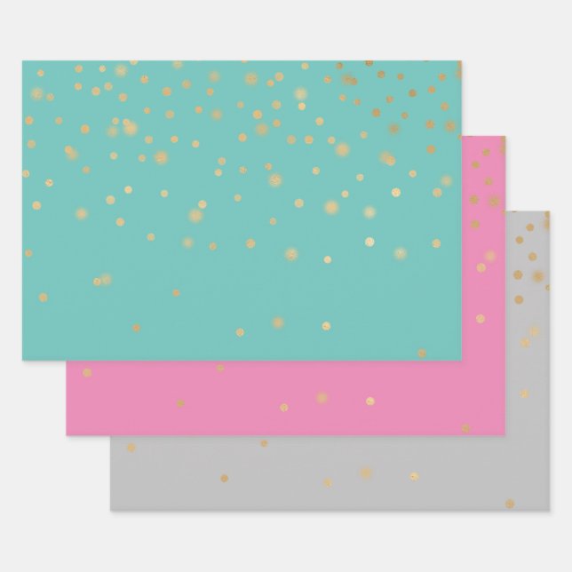 Mint Pink Grey Gold Confetti Wrapping Paper Sheet (Set)